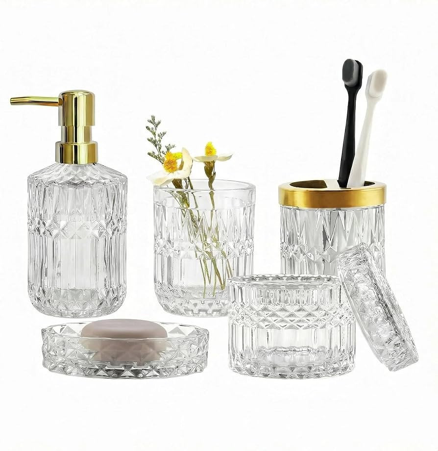 LaMarriti Clear Bathroom Accessories Set, 5pcs Crystal Glass Bathroom Set | Amazon (US)