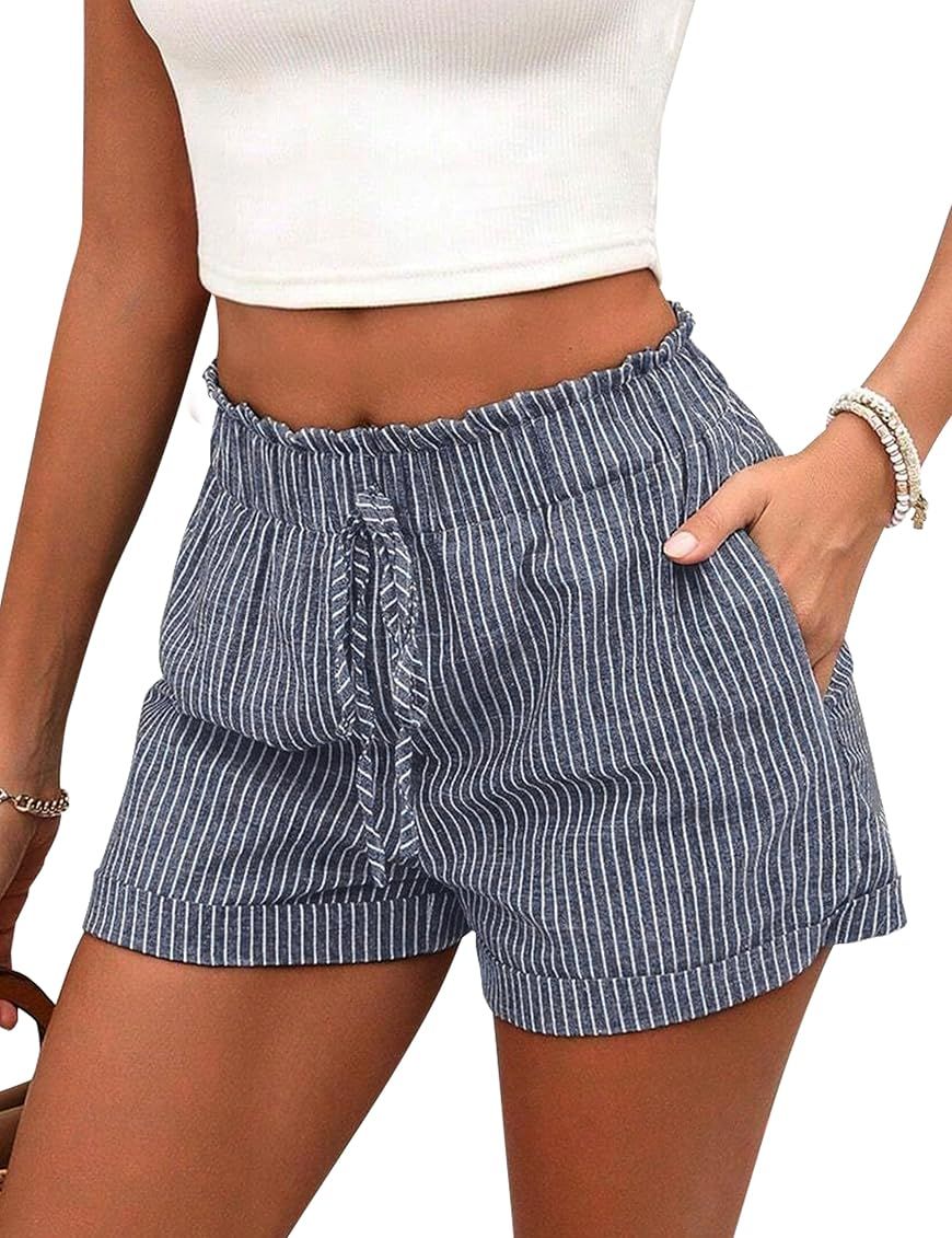 Shorts for Women Striped Elastic High Waisted Shorts Women Casual Trendy Summer Womens Shorts wit... | Amazon (US)
