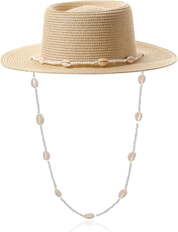 Woven Fedora Sun Hat Women Straw Wide Brim Finished with Seashells Sun Protection Summer Vacation... | Amazon (US)