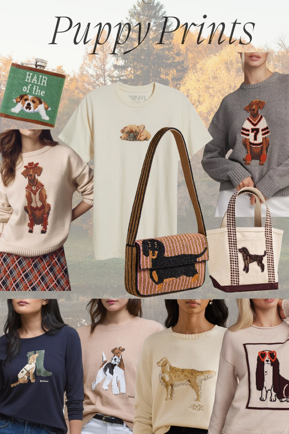 Puppy prints - dog print finds 

Love your fur baby so much - you should wear them all day! Golden sweater, weenie dog sweater, dog henley shirts, dog sweater for her, dog print flask 