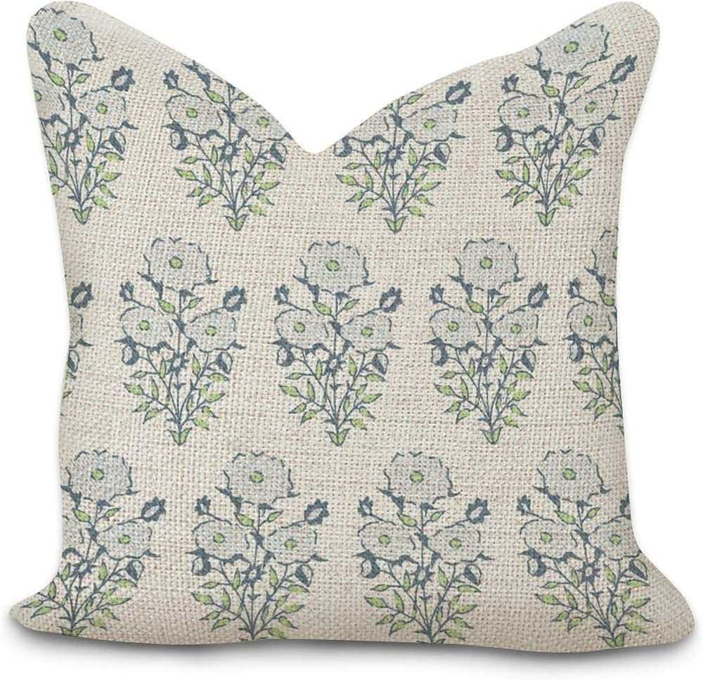 Light Blue Flower Cushion Cover Cases with Zipper 18x18in Farmhouse Cotton Linen Square Accent Th... | Amazon (US)
