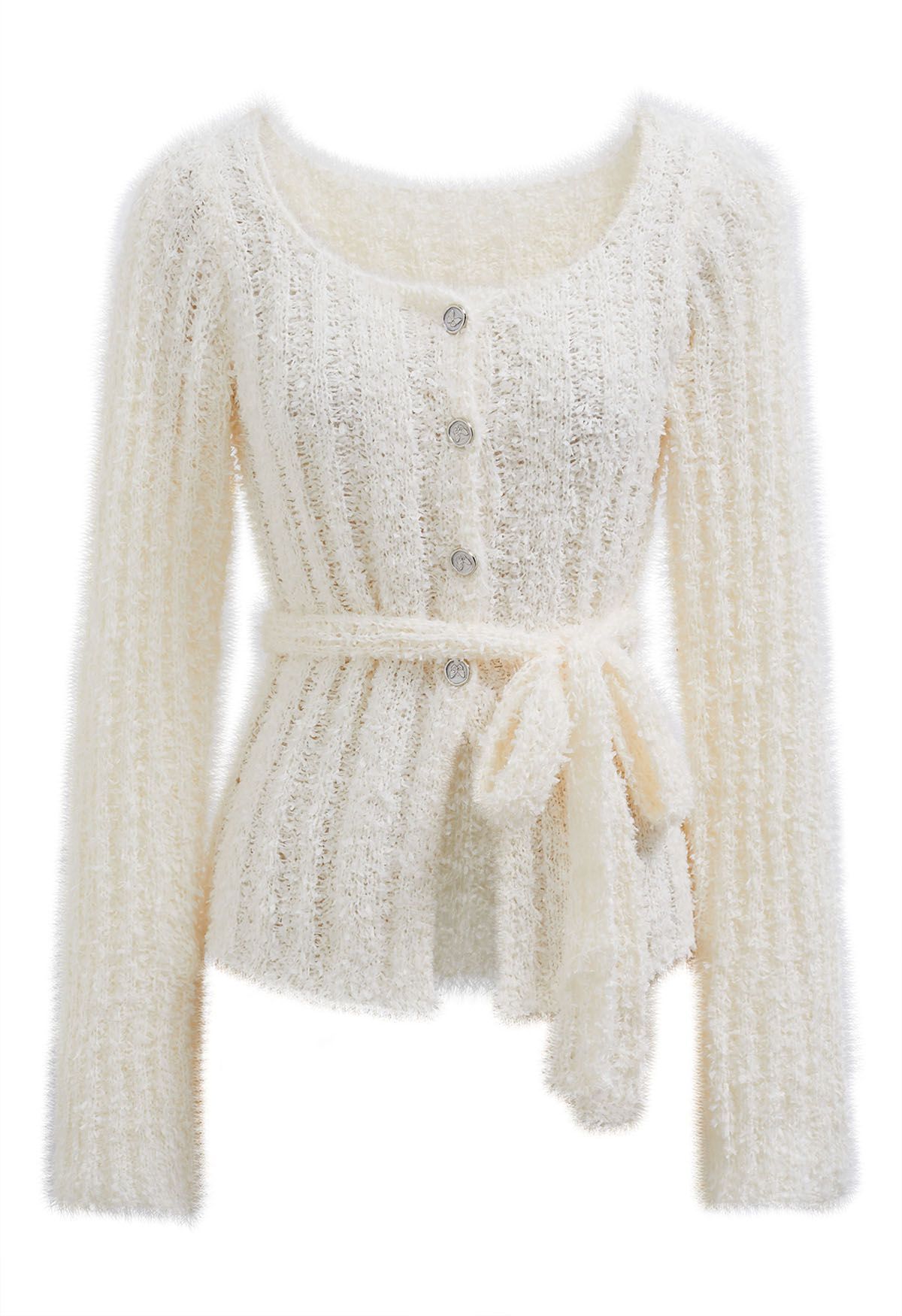 Self-Tie Waist Buttoned Knit Top in Cream | Chicwish