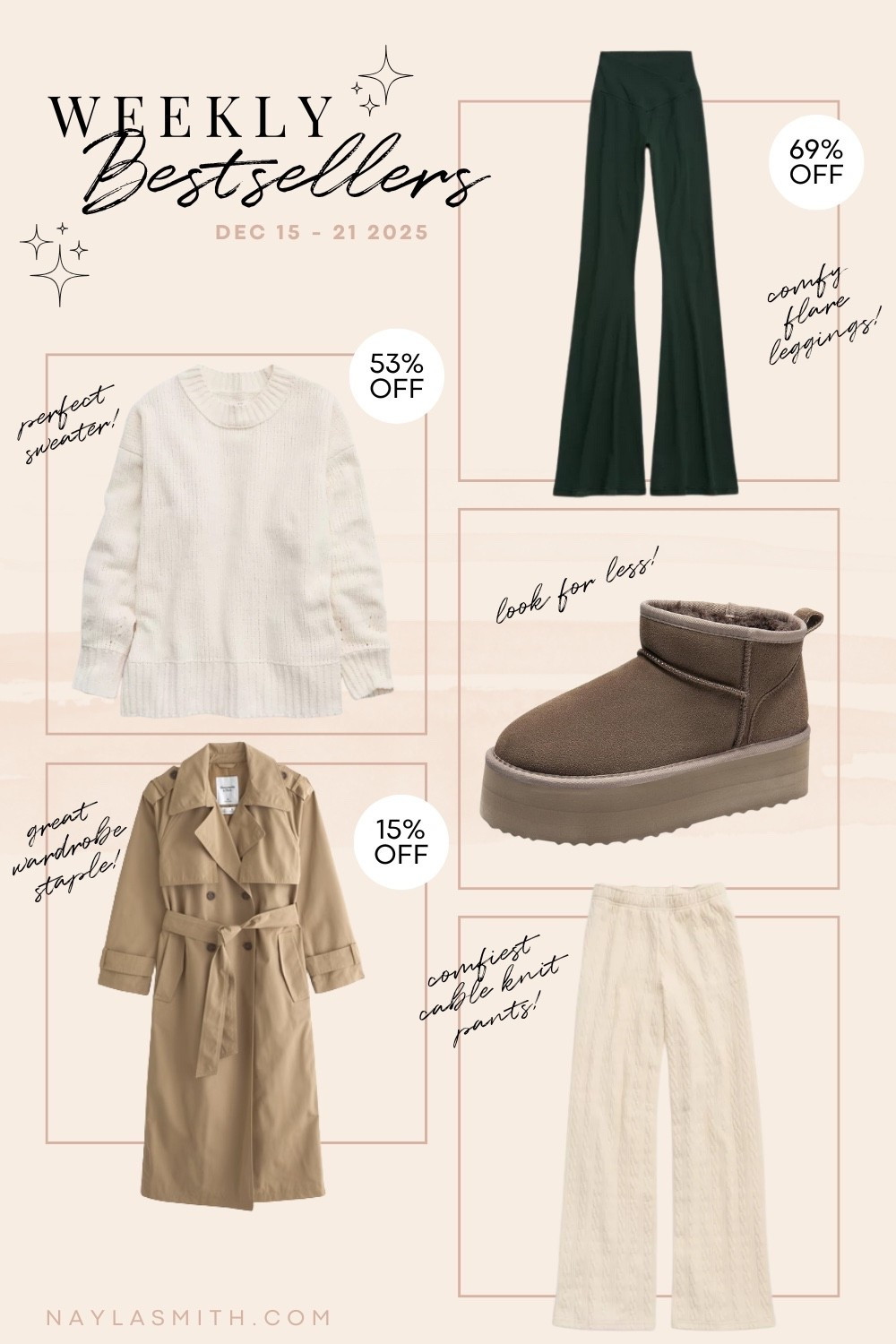 Weekly Bestsellers Dec 16-21 • the perfect oversized sweater - it’s chenille and incredibly soft! I wear L. I also wear L in the classic trench coat, such a good closet staple. Dark green flare leggings, I wear my usual size L. The coziest cable knit comfy pants, I wear L. My Ugg look for less platform boots, I’m usually a 9.5-10 and wear a 10.


#LTKstyletip #LTKwinter #LTKsale