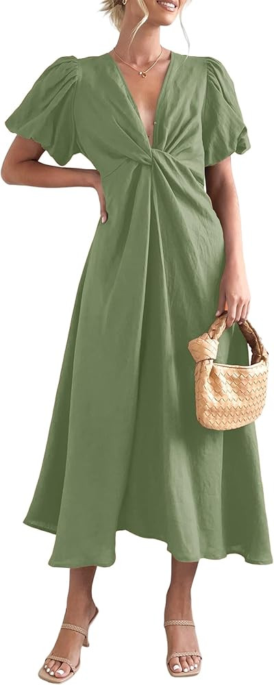 Women Puff Sleeve Maxi Dress Twist Front V Neck Long Dresses Casual Summer Beach Midi Dress | Amazon (US)