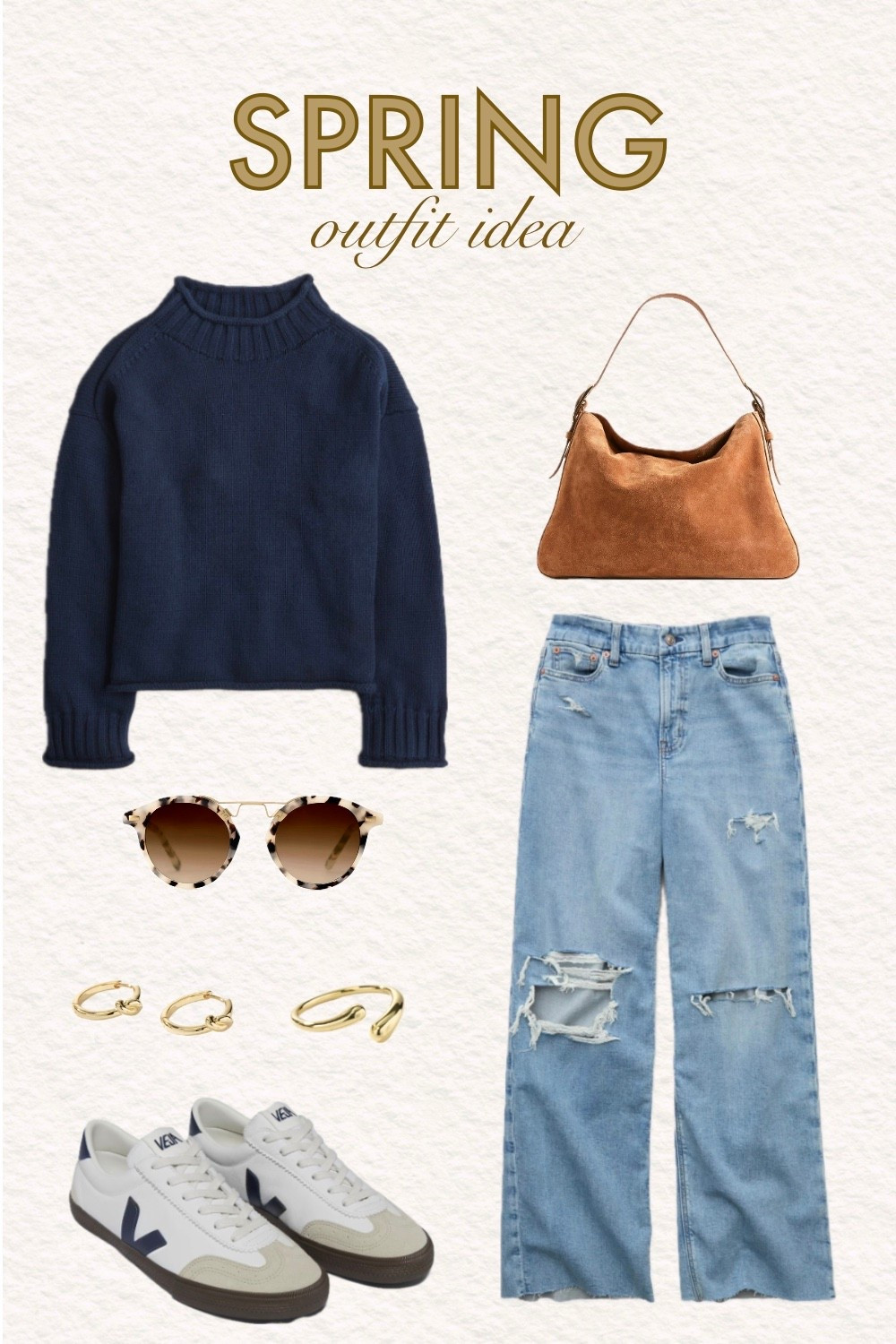 My go-to casual spring look is effortlessly put together! This outfit features a cozy @jcrew sweater, perfectly ripped @ae jeans, clean sneakers, simple gold earrings and a matching ring, plus my favorite sunglasses and @jcrew purse.

It's comfortable, polished, and perfect for everyday wear. Shop this entire easy spring outfit.

#LTKmomlife #LTKootd #LTKgrwm