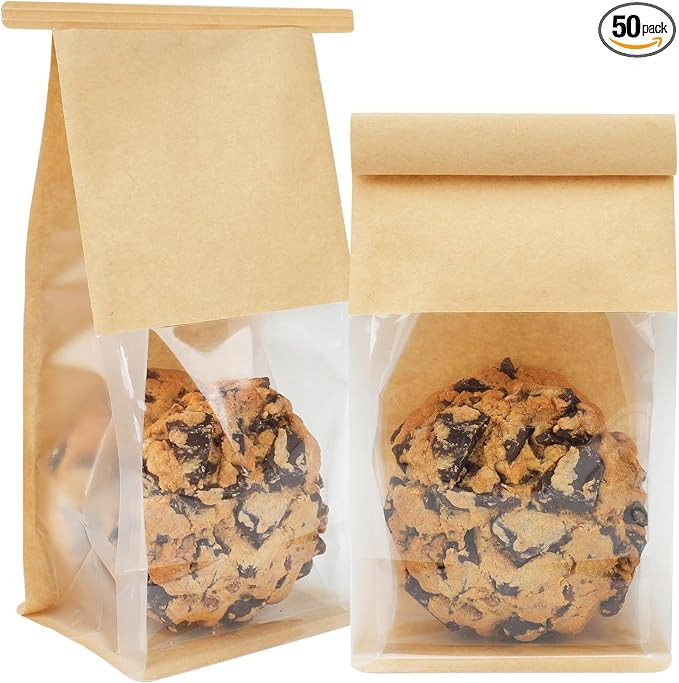 50 Pack Cookie Packaging Bags, 3.9x3.1x8.2 Inches Small Bakery Bags with Window Tin Tie Tab Lock ... | Amazon (US)