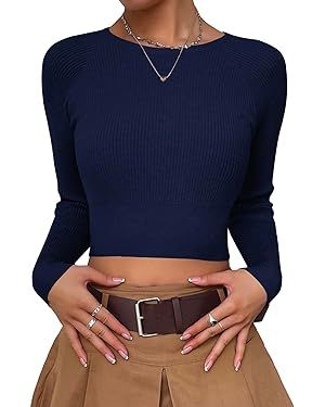 MakeMeChic Women's Solid Casual Slim Fit Long Sleeve Rib Knit Crewneck Crop Top Basic Tee Shirt | Amazon (US)