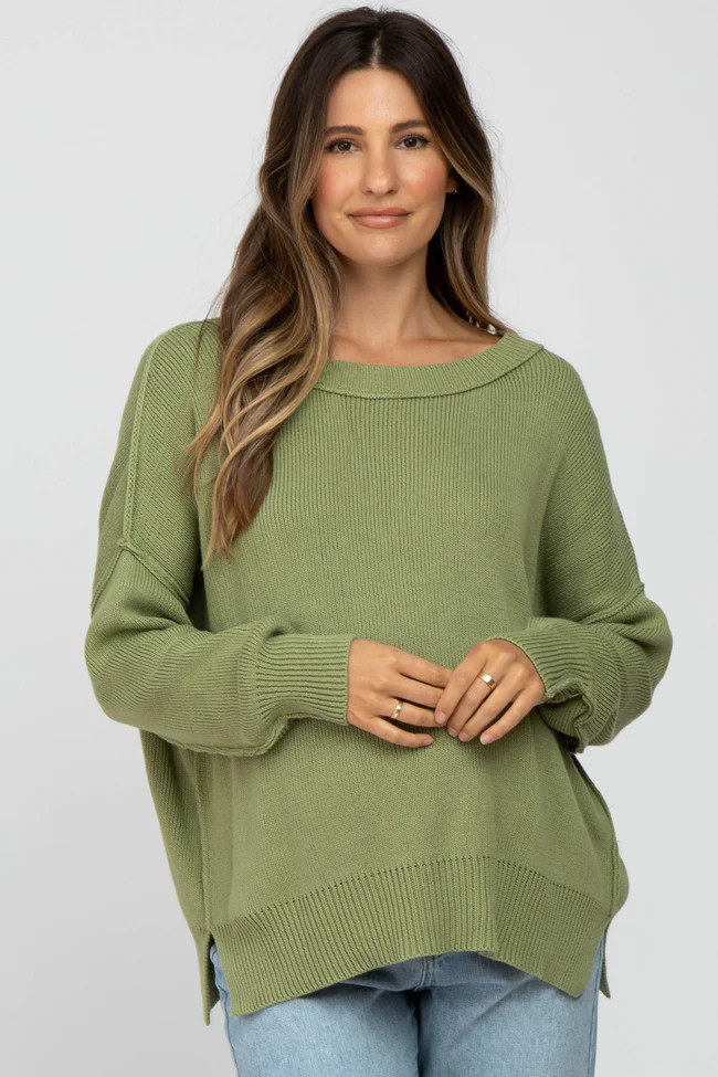 Light Olive Exposed Seam Side Slit Maternity Sweater | PinkBlush Maternity