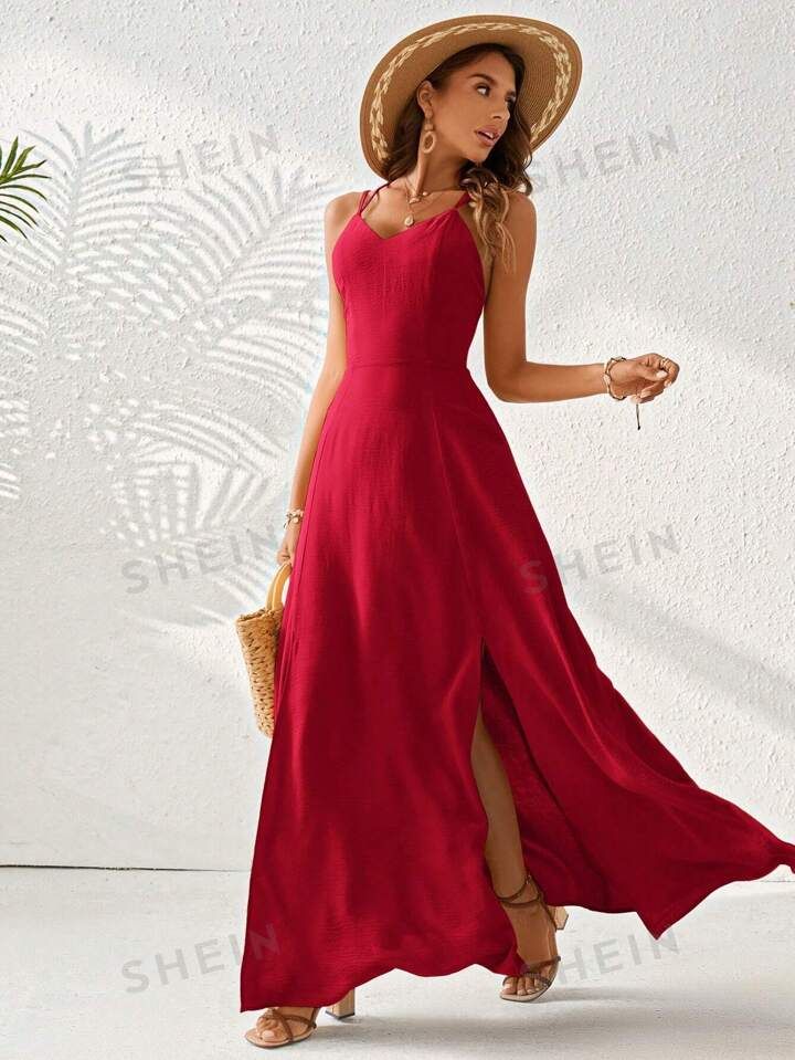 SHEIN VCAY Vacation Style Plain Color & High Split Women's Maxi Dress Country Concert Outfit | SHEIN