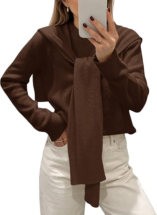Saodimallsu Womens Crew Neck Pullover Sweaters with Attached Shawl Wraps | Amazon (US)