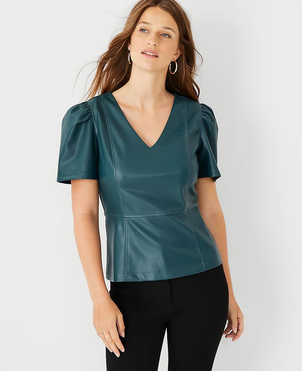 Petite Faux Leather Puff Sleeve Peplum Top | Ann Taylor (US)