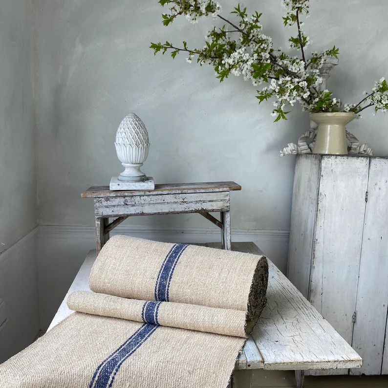 Stair runner heavy hemp Grain sack Fabric by the yard blue stripes twill weave Antique homespun l... | Etsy (US)