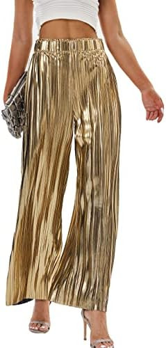 heipeiwa Women's Shiny Pleated Wide Leg Pants Party Nightout High Waist Trouser Folded Lightweigh... | Amazon (US)