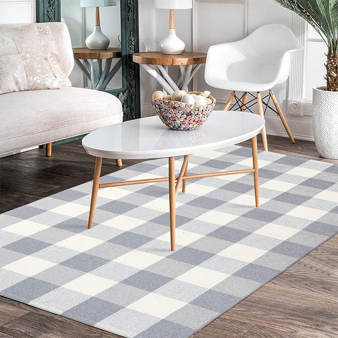 Cotton Buffalo Plaid Rugs Grey and White Hand-Woven Checkered Rug Welcome Door Mat Bathroom Outdo... | Amazon (US)