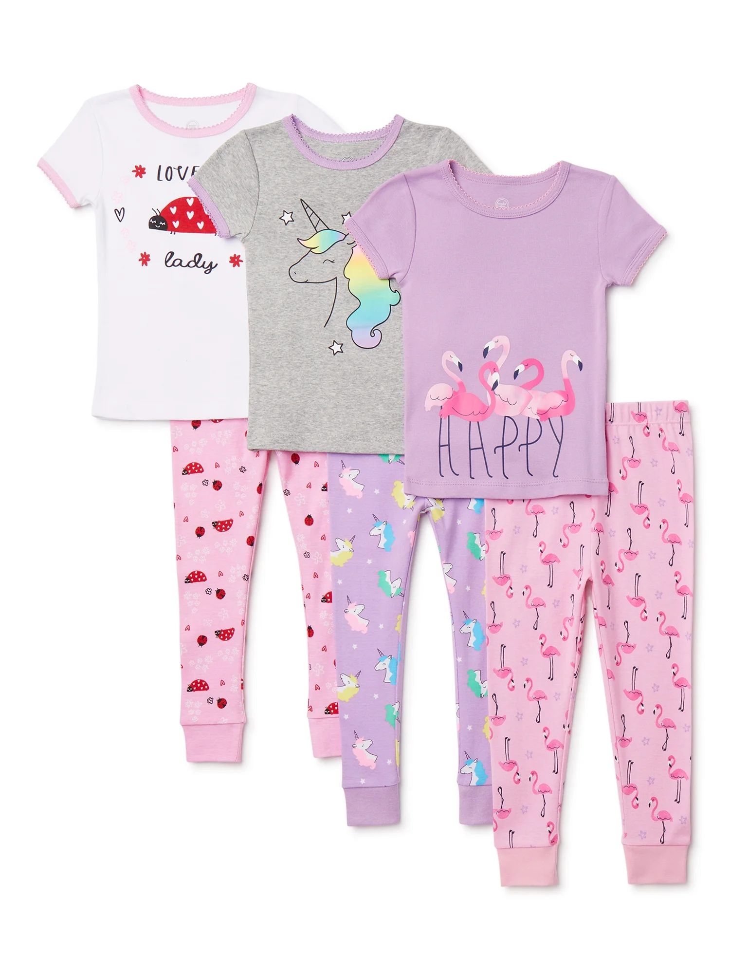 Wonder Nation Baby & Toddler Girls Short Sleeve Snug Fit Cotton Pajamas, 6pc Set | Walmart (US)