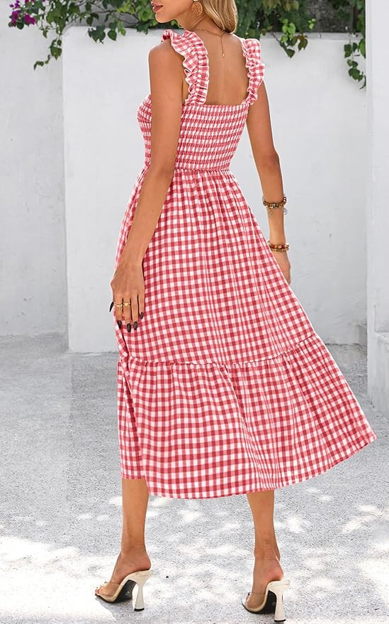 PRETTYGARDEN Womens Summer Dress Casual Square Neck Ruffle Strap Gingham Smocked Midi Flowy A Lin... | Amazon (US)