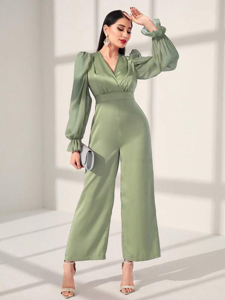 SHEIN Modely Surplice Neck Flounce Sleeve Wide Leg Jumpsuit | SHEIN