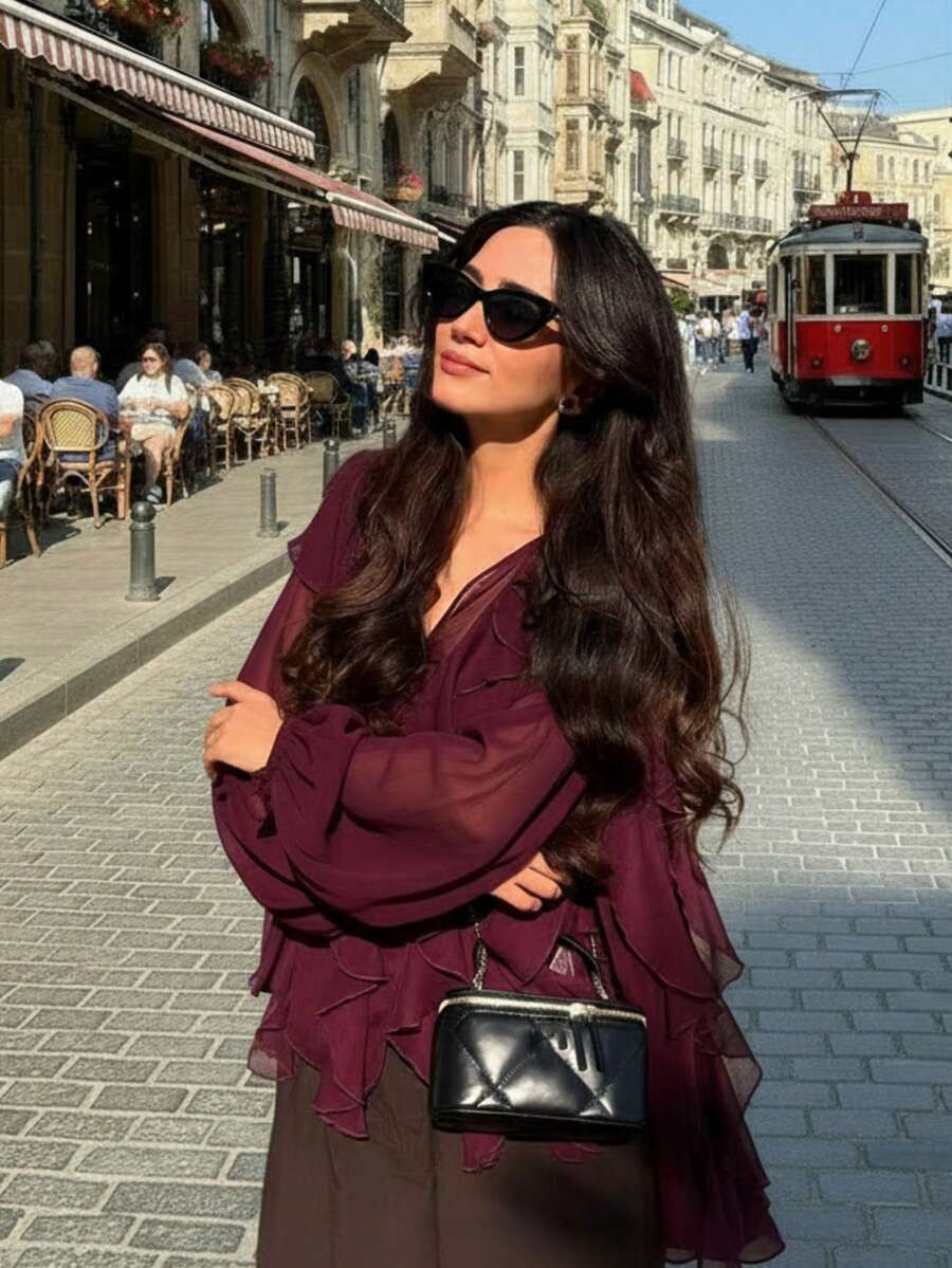 GMFP Women's Summer/Autumn Casual Elegant Fashion Loose Burgundy Atmosphere Ruffle Blouse, Vacation Season Daily Gathering Back To School Graduation Season Women's Top Outfit Piece, Halloween Christmas | SHEIN