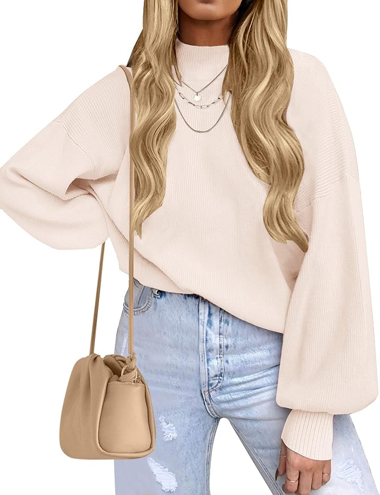 ZESICA Women's Casual Turtleneck Long Lantern Sleeve Oversized Ribbed Knit Pullover Sweater Jumpe... | Amazon (US)