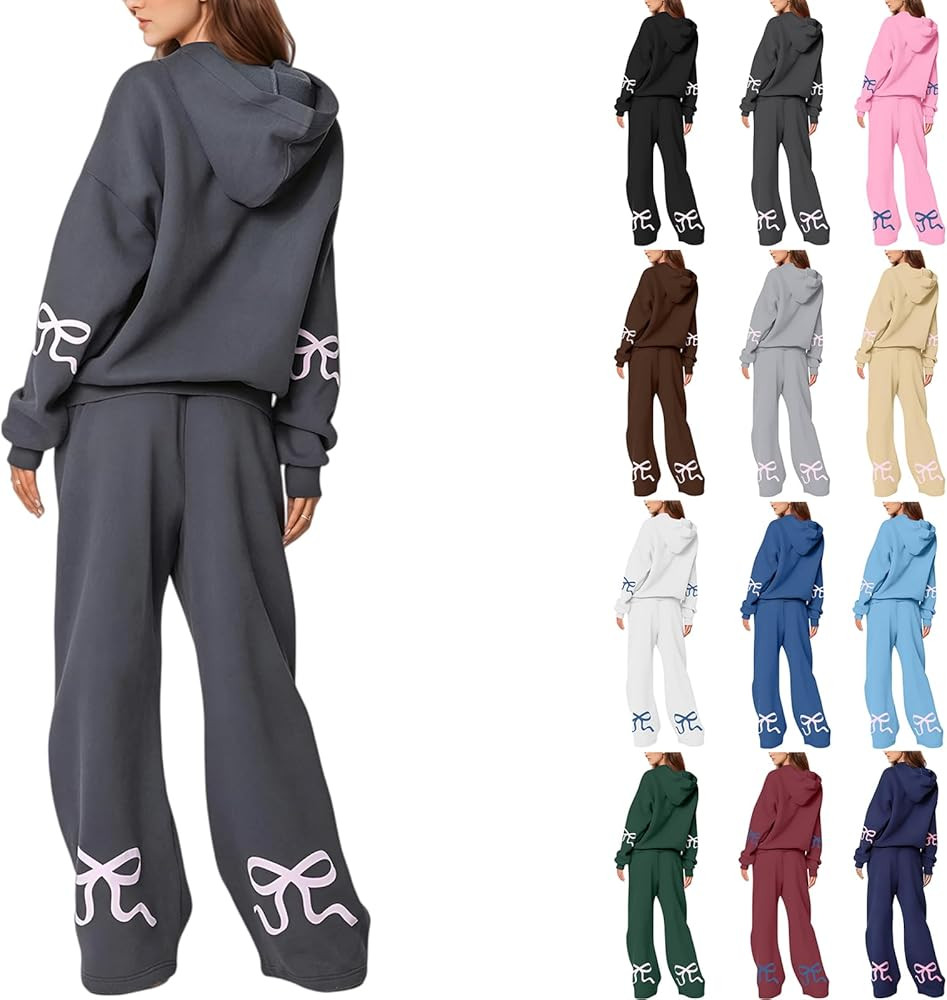 Sweatsuits Women 2 Piece Outfit Bow Detail Hoodie & Wide Leg Sweatpants Casual Matching Sweat Set... | Amazon (US)