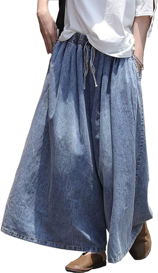Extra Wide Leg Denim Pants for Women Long Jeans Elastic Waist with Pockets Plus Size Loose Casual | Amazon (US)