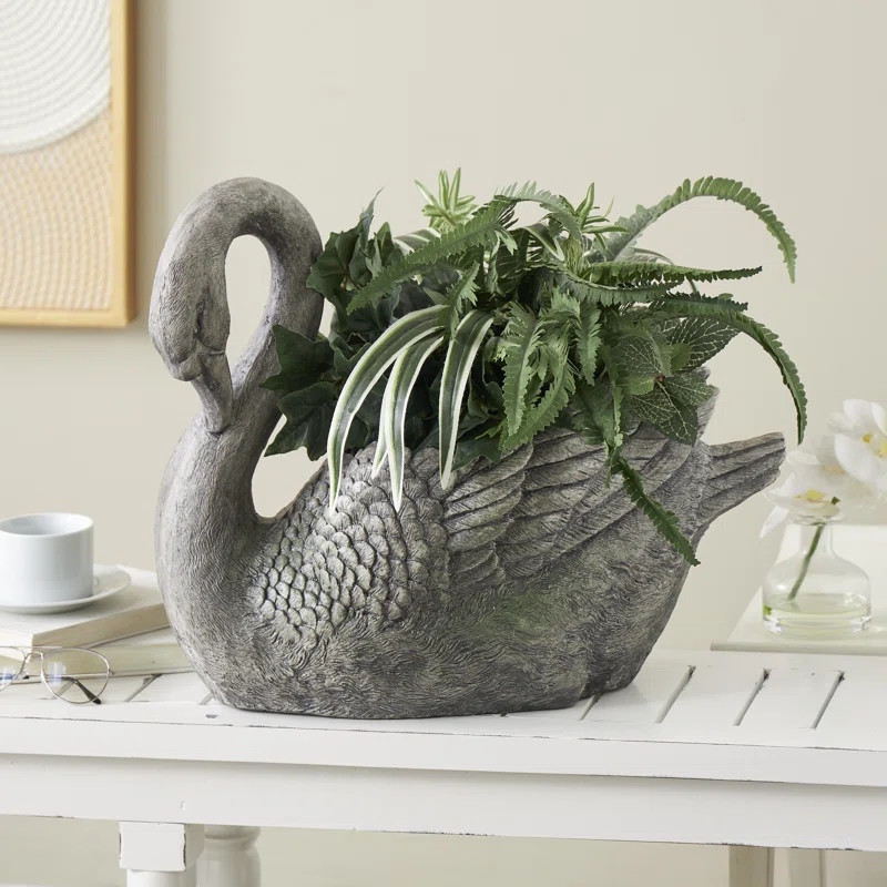 Rennen 1 Piece Magnesium Oxide Textured Swan Indoor Outdoor Gray Planter with Patina Accents | Wayfair North America