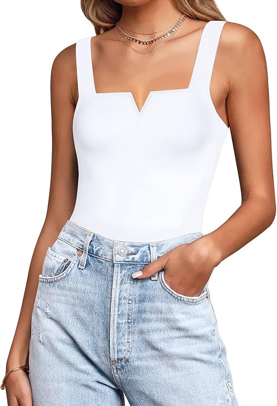 Kentysill Women's Sexy Sleeveless Square Neck Notch V Neck Bodysuit Tank Tops | Amazon (US)