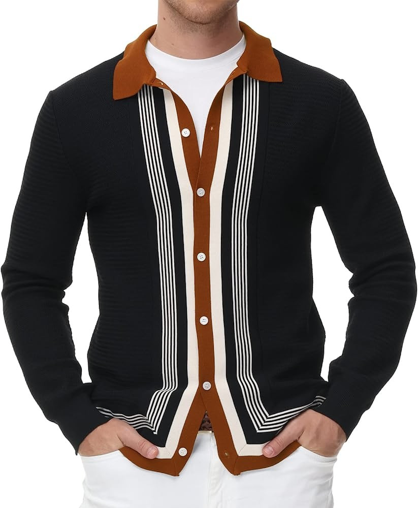 PJ PAUL JONES Mens Long Sleeve Button Down Knitted Cardigan Sweaters Stripe Polo Shirts | Amazon (US)