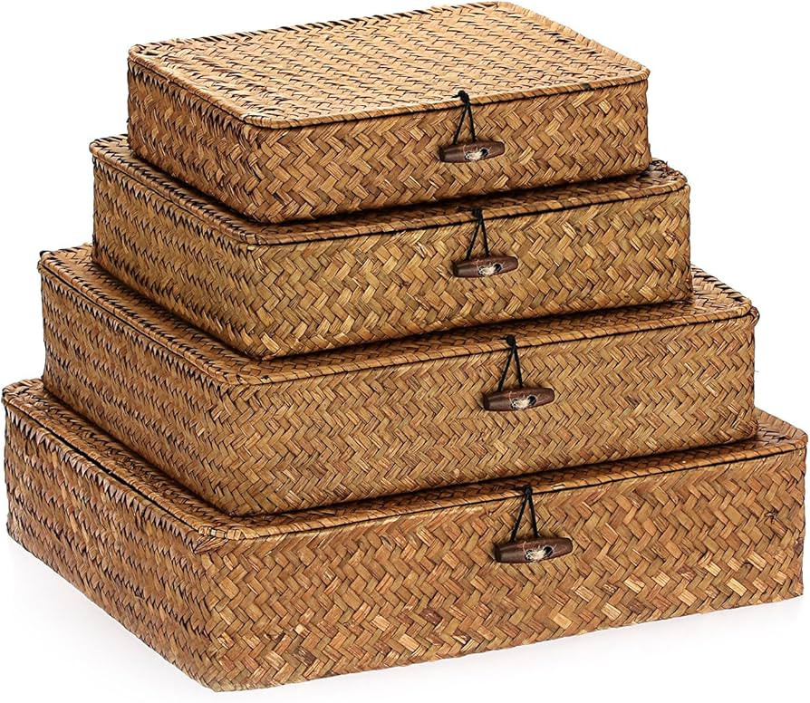Hipiwe Flat Wicker Storage Basket Bin with Lid - Set of 4 Large Woven Shelf Baskets Boxes Natural... | Amazon (US)