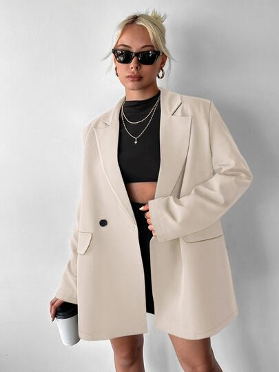 Ritzy Row Blazer de mujer casual de doble botonadura, de longitud media y hombros acolchados - Talla M | SHEIN