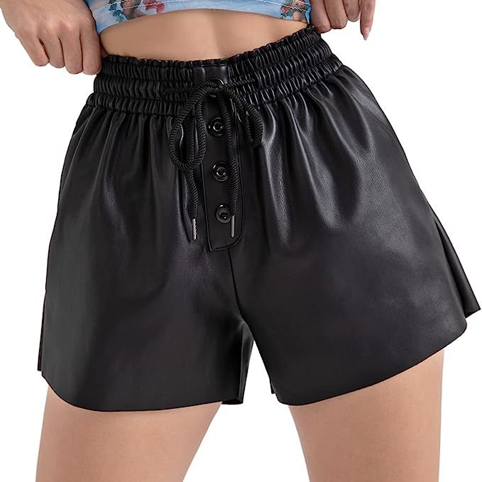 Tagoo Faux Leather Shorts for Women High Waisted Wide Leg Paperbag Short Pants with Pockets | Amazon (US)