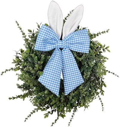 24" Easter Wreath for Front Door, Artificial Green Boxwood Spring Wreath with Bunny Ears & Blue P... | Amazon (US)