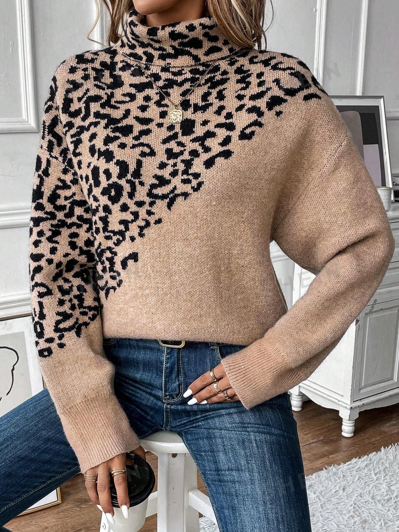 SHEIN LUNE Leopard Pattern Turtleneck Drop Shoulder Sweater | SHEIN
