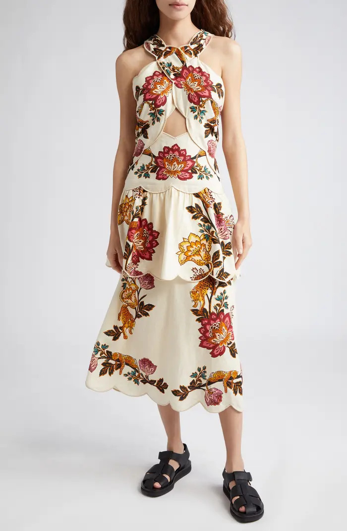 FARM Rio Leopard Flowers Print Cutout Detail Linen Blend Dress | Nordstrom | Nordstrom