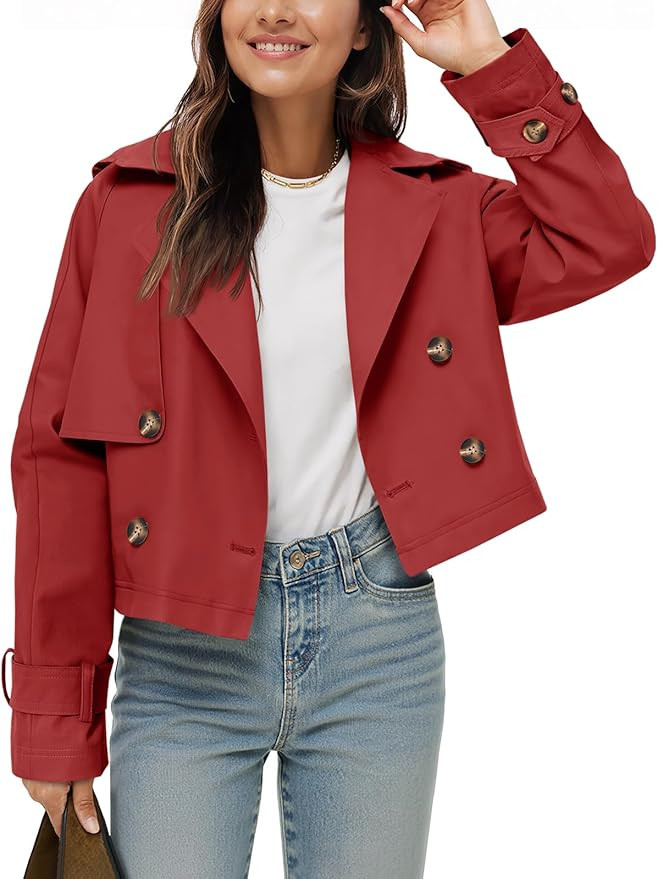 Tankaneo Womens Cropped Trench Coat Lapel Double Breasted Short Jacket Outwear | Amazon (US)