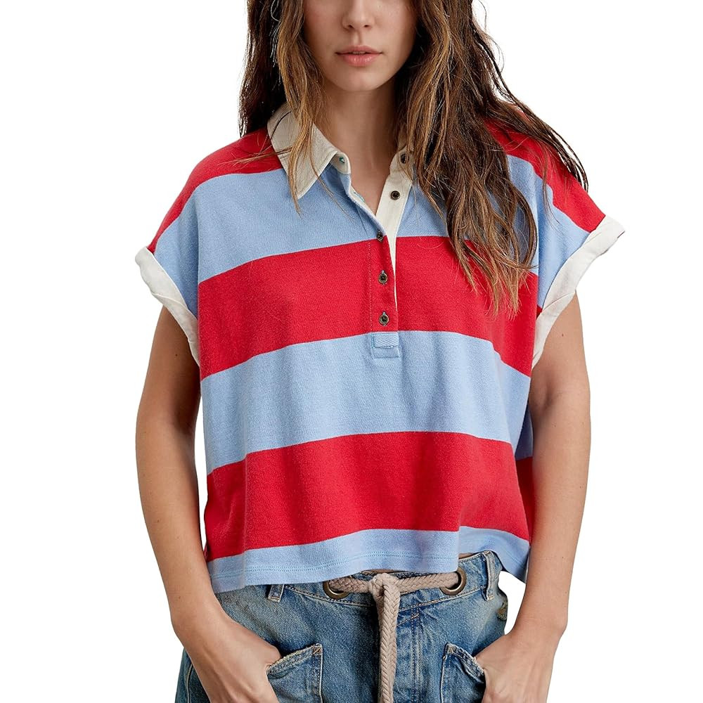 Ainangua Summer Tops for Women Fashion Muscle Tee Striped Short Sleeve Collared Neck Cropped Shir... | Amazon (US)