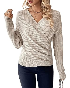 SOLY HUX Women's V Neck Long Sleeve Off Shoulder Sweaters Criss Cross Wrap Ruched Pullover Fall T... | Amazon (US)