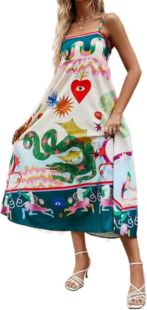 Spaghetti Strap Graffiti Maxi Cami Dress for Women Boho Print Tube Smocked High Waist Flowy Long ... | Amazon (US)