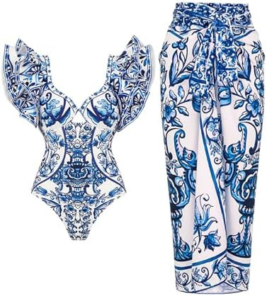 FLAXMAKER Ruffle Blue and White Porcelain Pattern Majolica Print One Piece Swimsuit and Skirt/Sar... | Amazon (US)