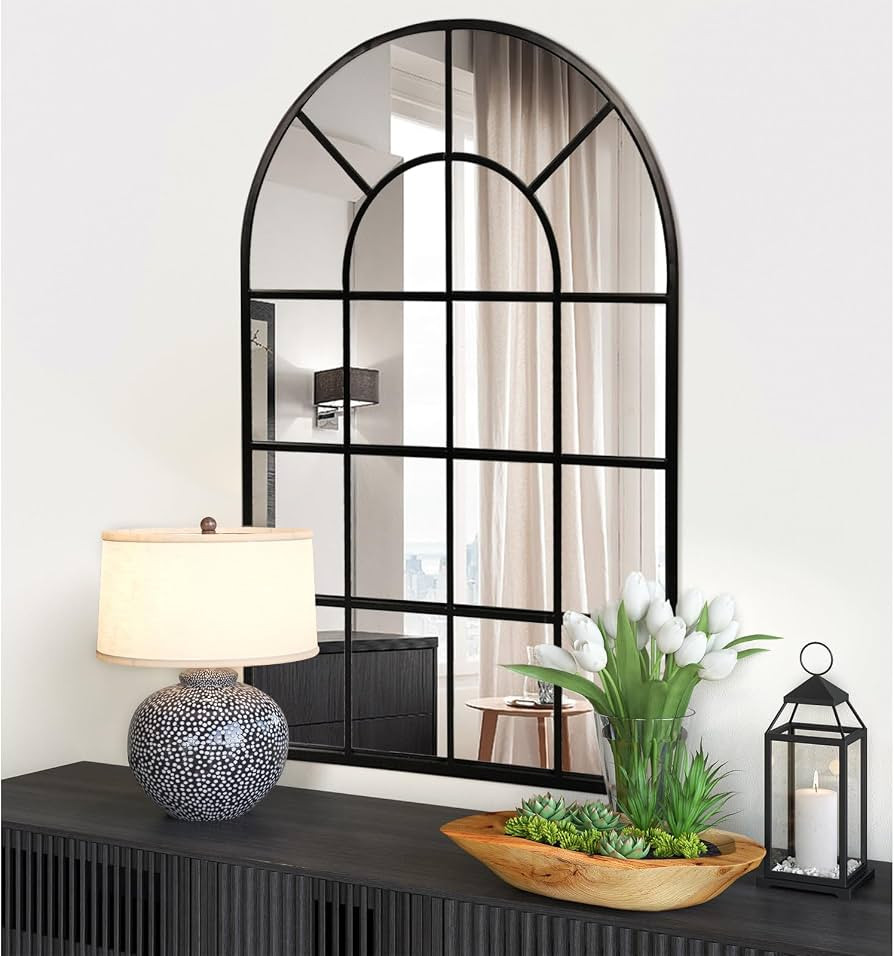 GIFTTROVE Black Window Mirror, Arched Window Pane Mirror, 24" X 36" Metal Framed Windowpane Mirro... | Amazon (US)