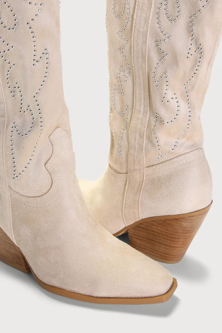 Celara Cream Suede Knee-High Studded Western Boots | Lulus (US)