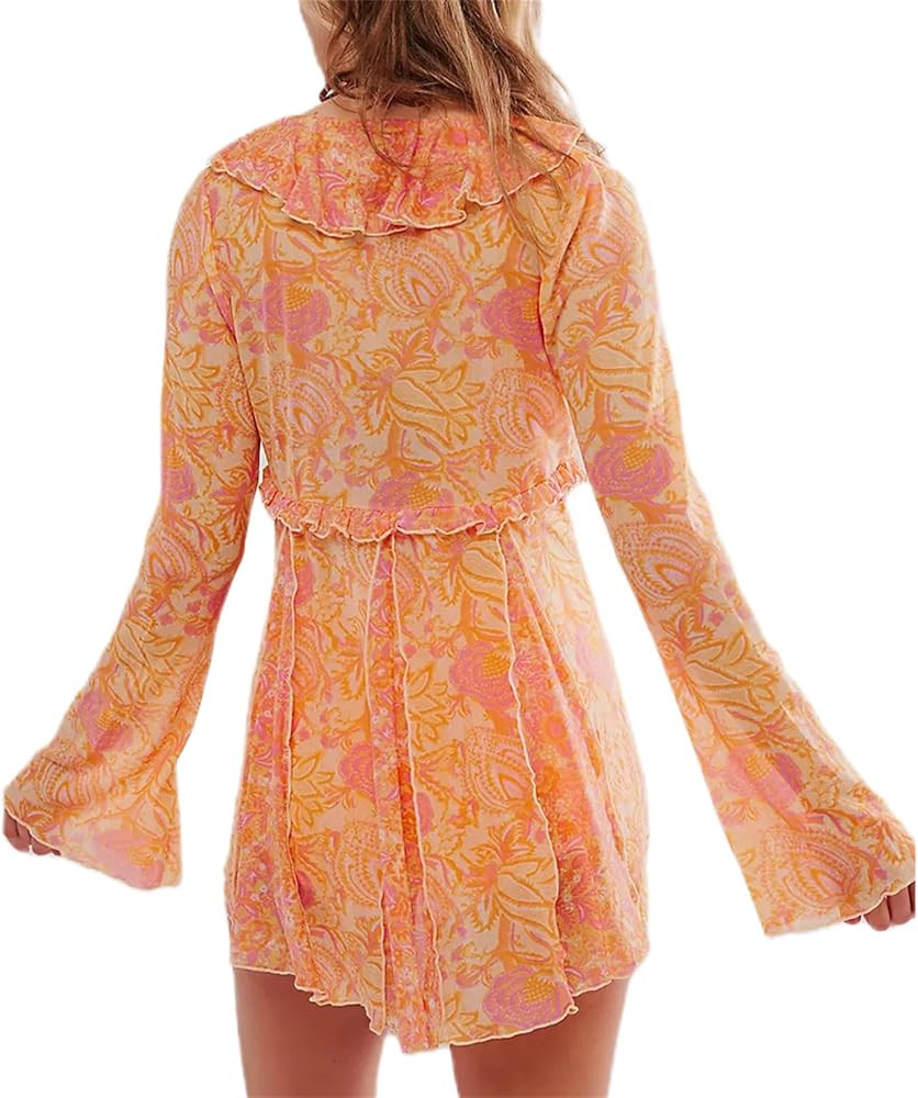 Floral Button Down Mesh Shirt for Women Y2K Slim Long Bell Sleeve See Through Open Front Blouse V... | Amazon (US)