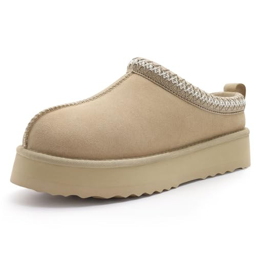 KIDMI Genuine Suede Platform Slippers for Women Fuzzy Winter Warm Shoes Indoor Outdoor, Sand 36 | Amazon (US)