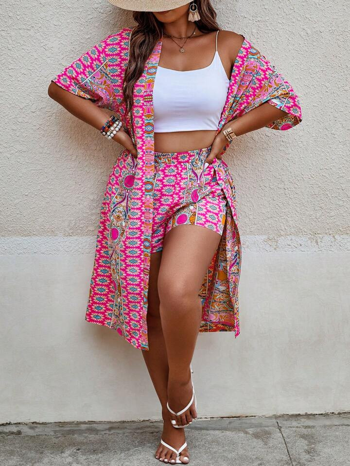 SHEIN VCAY Plus Allover Print Kimono & Shorts | SHEIN