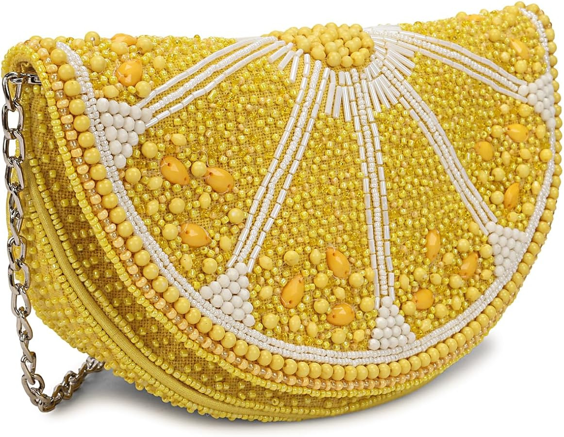 LONGING TO BUY Beaded Lemon Slice Clutch Purse, Yellow Evening Bag with Chain Strap, Novelty Frui... | Amazon (US)