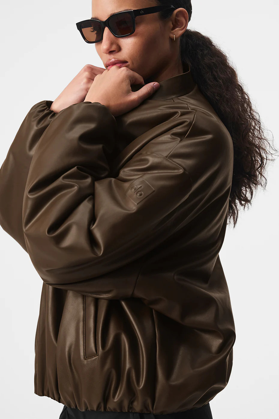 Alo YogaÂ® | Faux Leather Premier Bomber Jacket in Espresso Brown, Size: 2XS | Alo Yoga (US)
