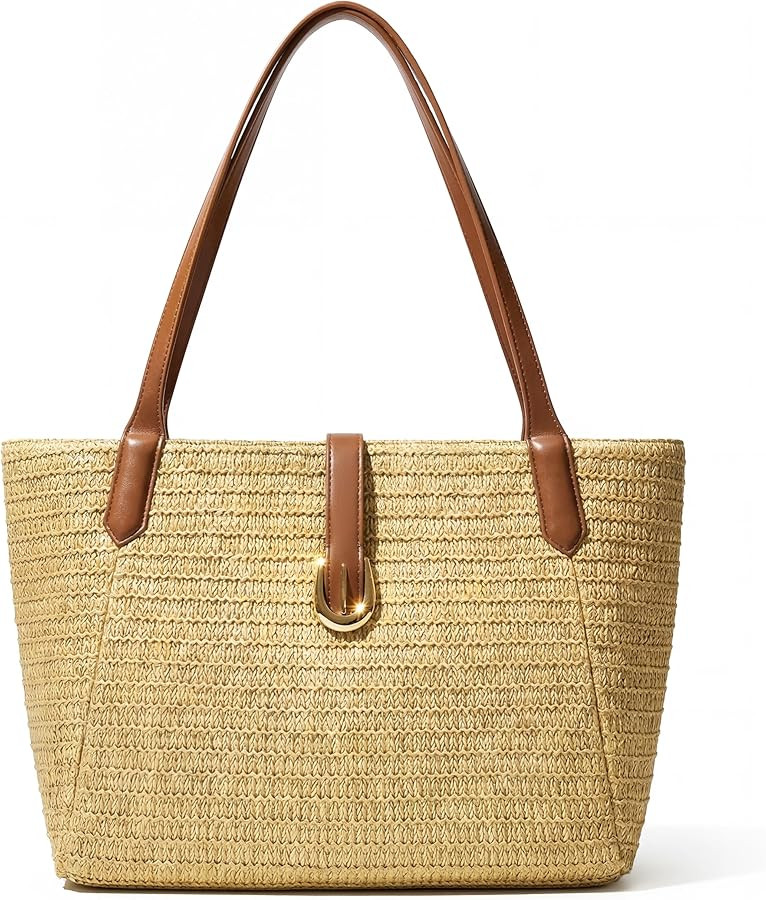 CHUNLI Straw Beach Bag for Women, Woven Raffia Summer Tote with Leather Handles, Boho Vacation Re... | Amazon (US)