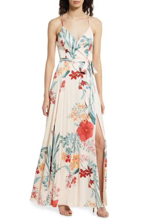 Lulus Still the One Floral Faux Wrap Gown in Cream Floral at Nordstrom, Size Small | Nordstrom