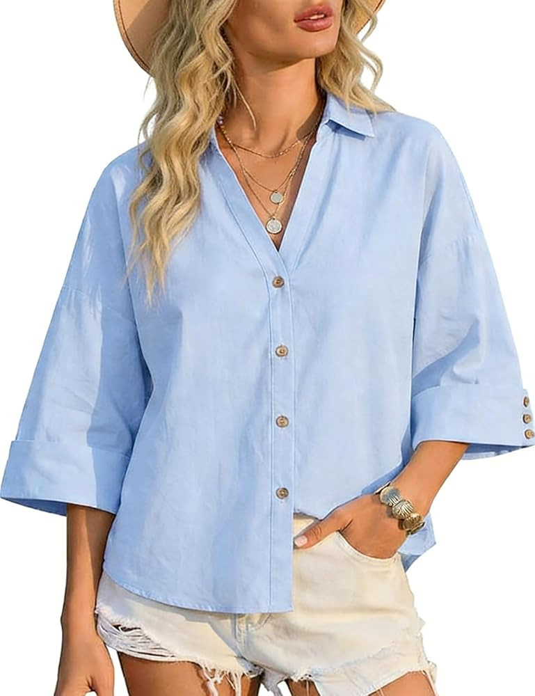 Watashi Women Button Down Shirt Casual Loose Fit Wide 3/4 Sleeve Poplin Shirts Collared Office Wo... | Amazon (US)