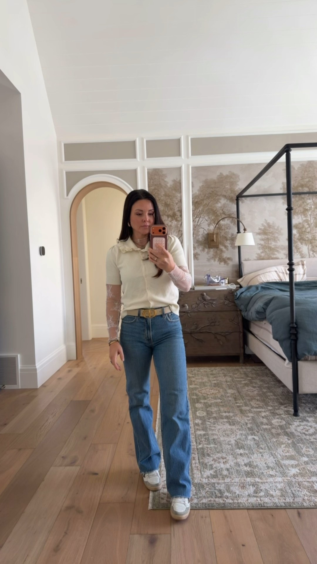 Lace layering long sleeve top under a ruffle collar button up shirt. 
Best straight leg jeans - no stretch. 
White sneakers 

#LTKSaleAlert #LTKOver40